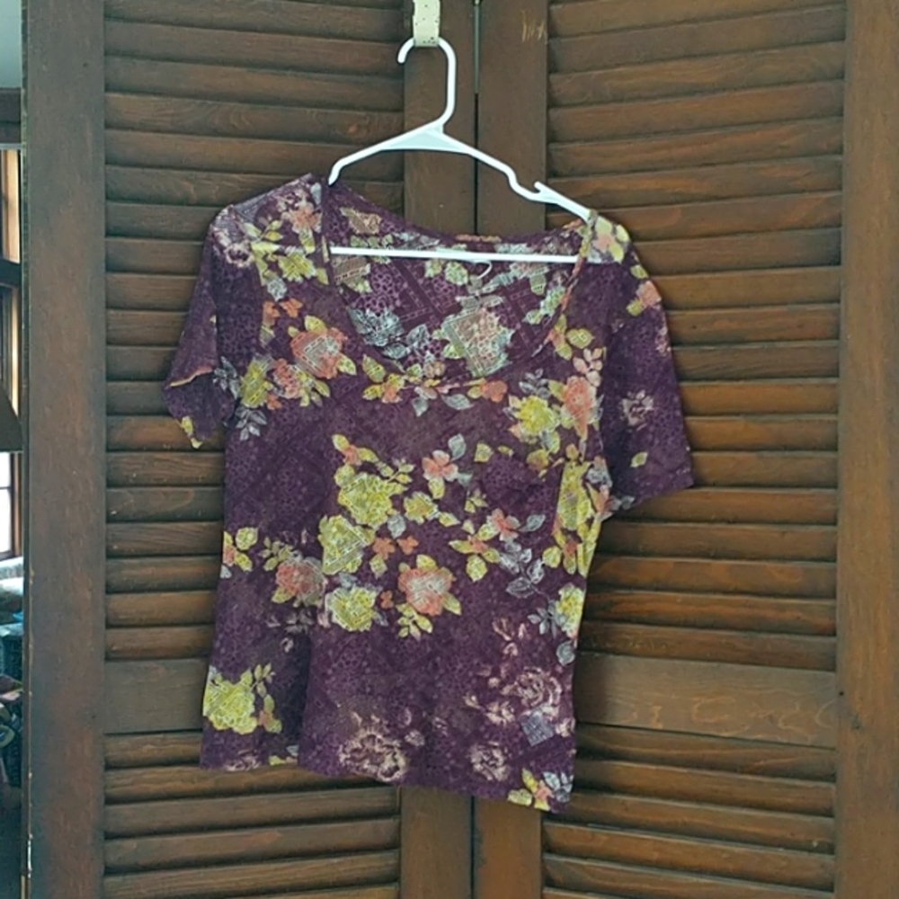 Anthropologie Kimchi Blue Purple Floral Short Sleeve Lace Blouse Size Large